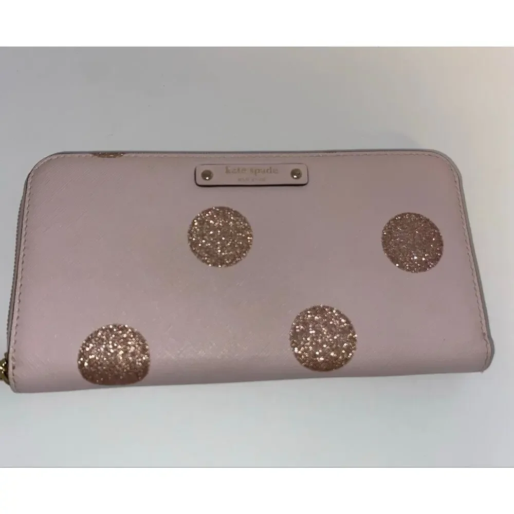 Kate Spade New York Pink Glitter Polka Dot Zip Around Wallet Wristlet Large